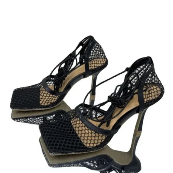 Mesh Breathable Square Head Lace-up Women's Shoes, Women Sexy Seductive Mesh High Heels, Sandals - Image 6