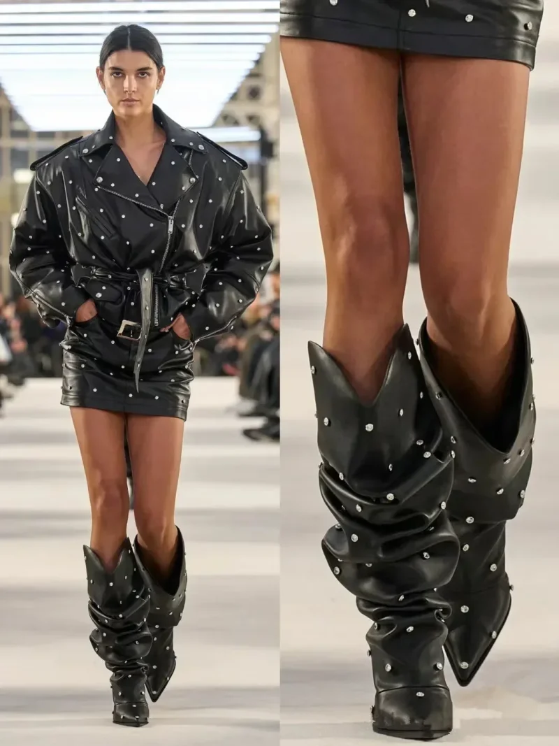 Winter New Mirror Face Thick High Heel Mid Boot Pointed Fashion High Boot - Image 5