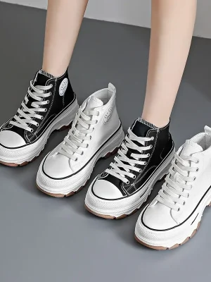 Women High Top Sneakers Lace-Up Casual Plarform Height Canvas Non-slip Wear