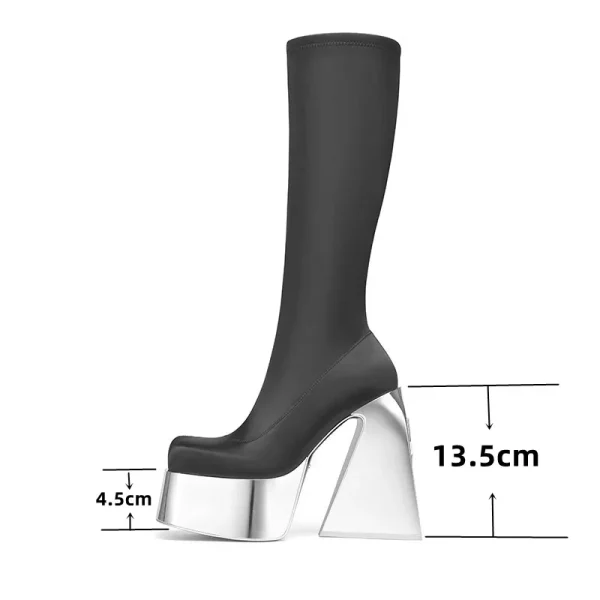 Thick Soled High Tube Thick High Heel Thin Leg Elastic Boots Square Head Punk Style Knee - Image 8