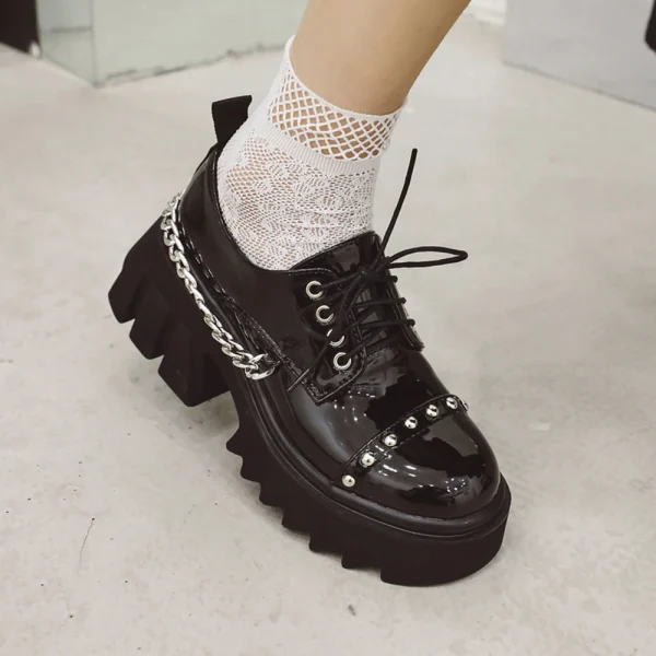 Women's Spring Punk Ankle Boots Lace-up Pumps Medium Heel Platform Rock Female Shoes - Image 3