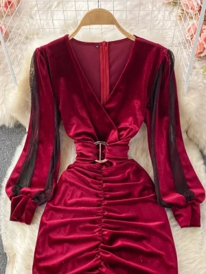 Winter Women Black/Red Velvet Bodycon Midi Dress Vintage V-Neck Mesh Patchwork Long Sleeve