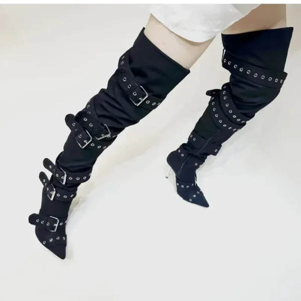 American New Pointed Buckle with Rivet Thin High Heel Over Knee Boots Sexy - Image 5