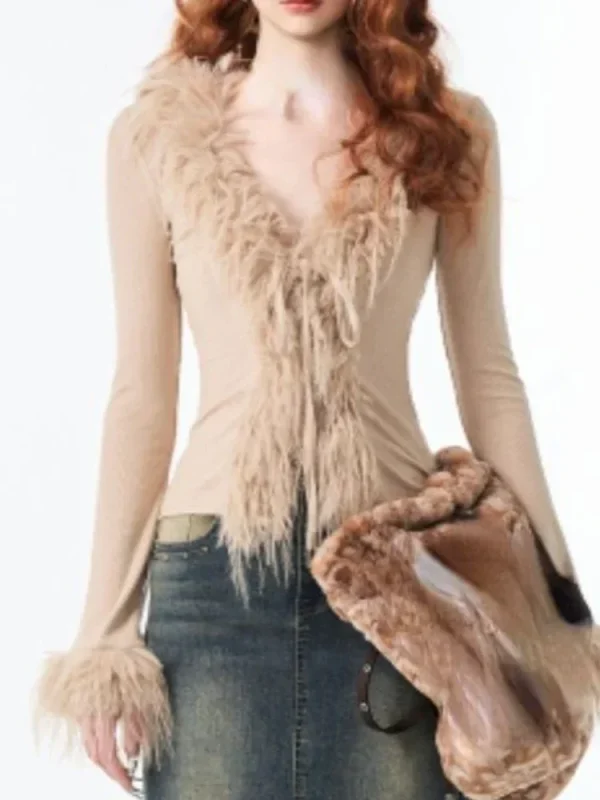 Women Korean Sexy Fashion Cardigan Harajuku Vintage Bandage Fur Patchwork Coat - Image 5