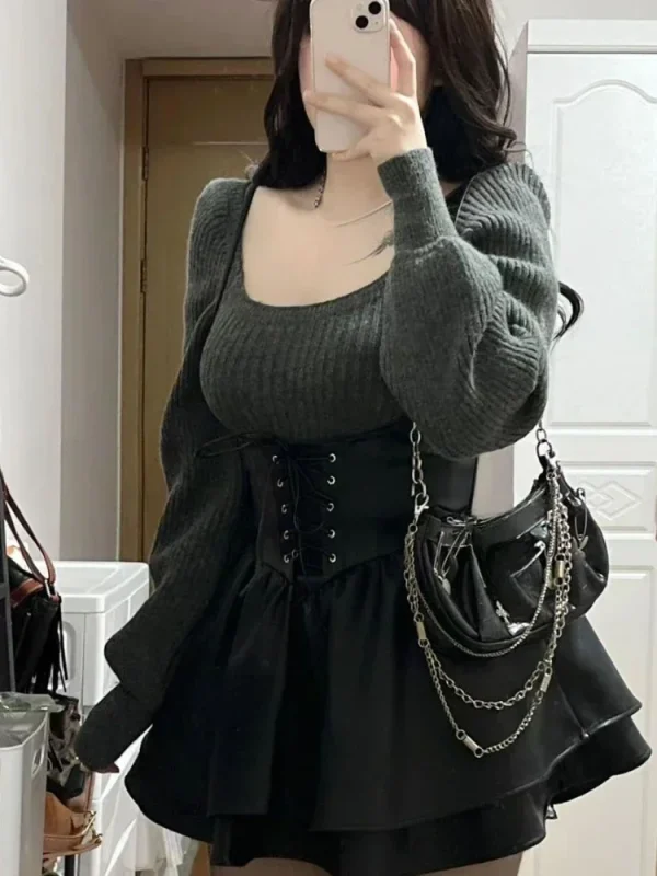 High Waist Leather Black Mini Dress Casual Knitted Sweater - Image 4