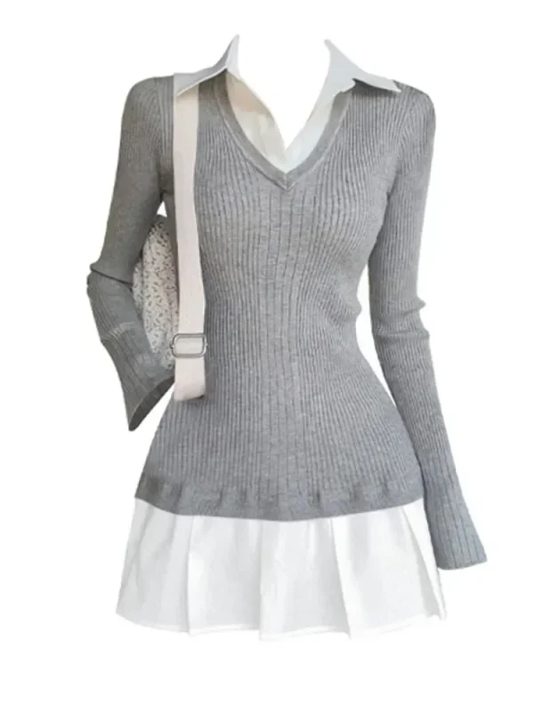 Preppy Style Fake Two Pieces Mini Knitted Shirts Dress Women - Image 2