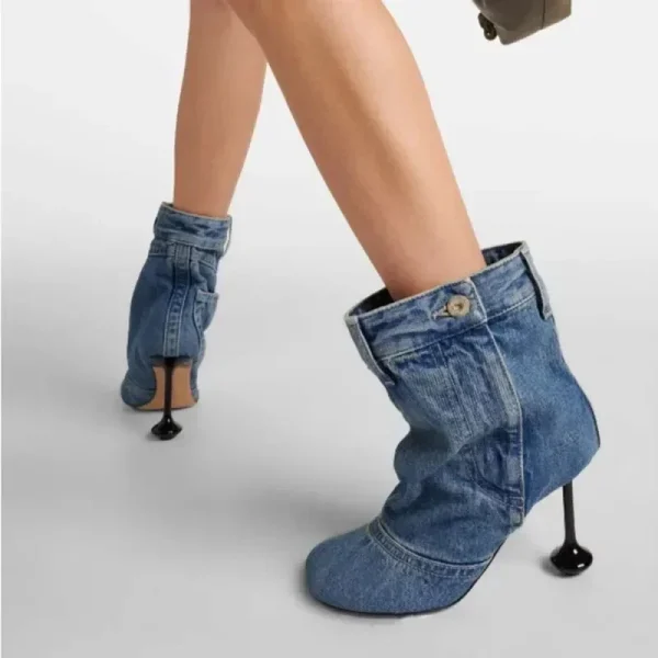 High Heel Short Boots Round Head Jeans Boots Pocket Design Runway Women's Large Short Boots - Image 7