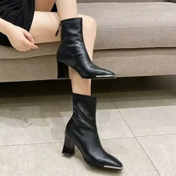 Women Ankle Boots Fashion Elegant Back Zippers Shoes Vintage Square Heels - Image 3