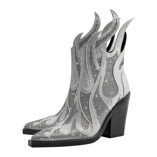 Women's Rhinestone Flame Ankle Boots Fashion Square Head High Heels Western Boots - Image 10