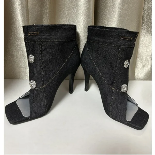 Women's Summer European and American Vintage Denim Slim High Heel Button Sandals - Image 11