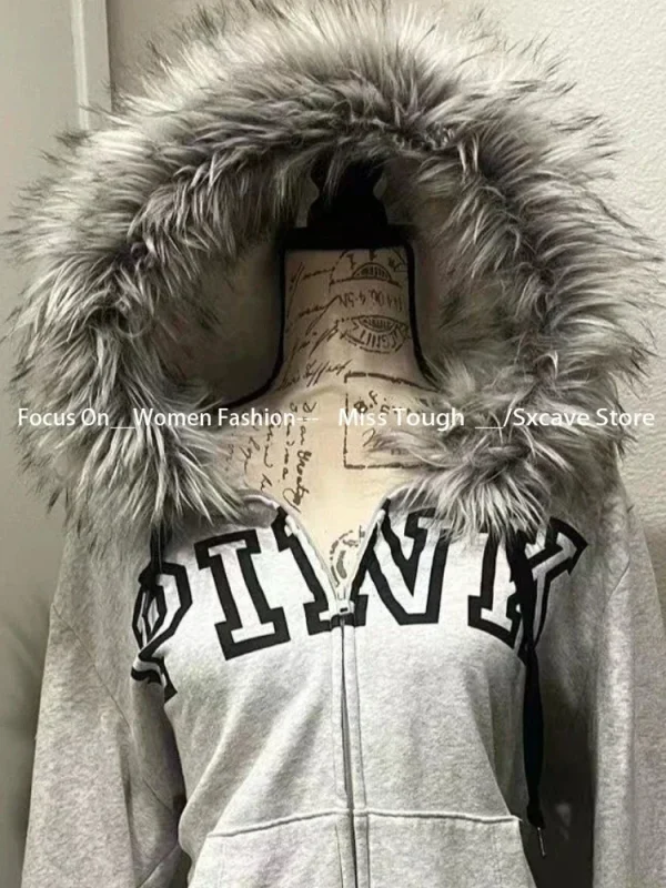 Zippers Hoodies Women Coat Casual Gray Femme Korean Fur - Image 4