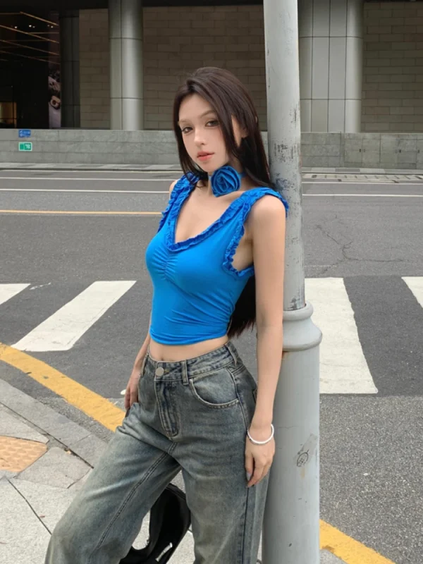 Aesthetics Pure Color Korean Style Camis Outwear Elegant Fashion Tank Tops Chic - Image 3