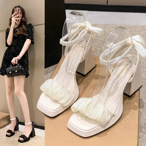 Pearl Sandals, Med Set Women's Beige All Paired with Chunky 2024 Girls in Transparent Black Gladiator Fashion Women's Shoes - Image 2