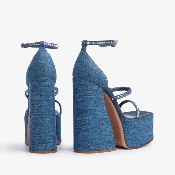 High Heel Sandals Fashion Denim Rhinestone Thick Sole Comfortable Large Women's Sandals - Image 4