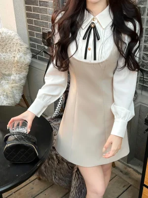 Mini Dress Long Sleeve Vintage Short Party Dress Casual Bow