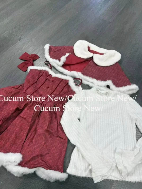 Christmas Red Faux Fur 3 Piece Dress Sets Evening Party Outfits - Image 3