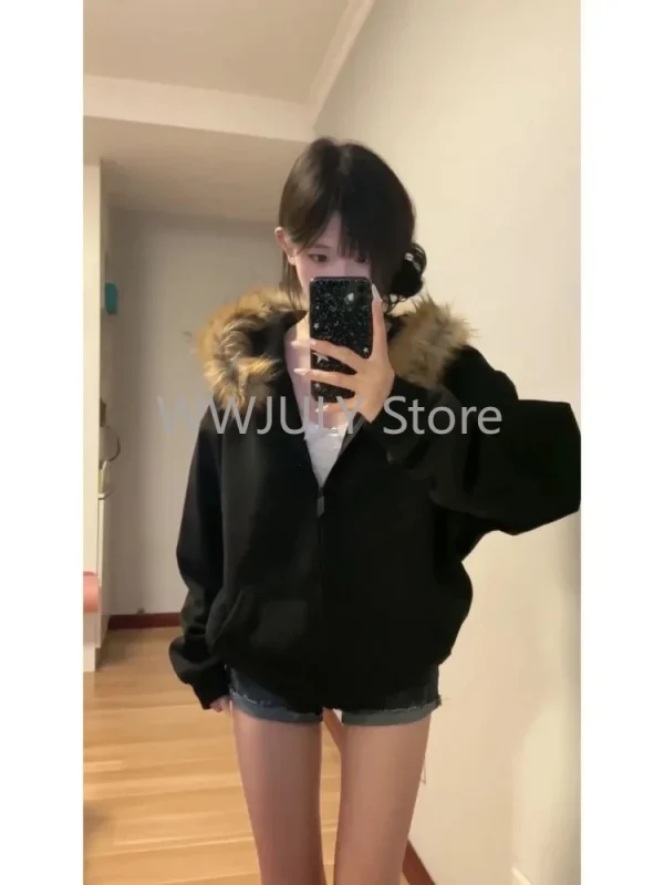 Women Black Zip Up Hoodies Vintage Korean Preppy Style Faux Fur Coat - Image 2