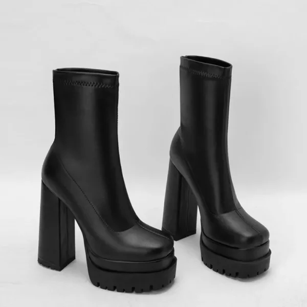 Women's Thick-soled Square Toe Ankle Boots Black and White Thick-soled Motorcycle - Image 4