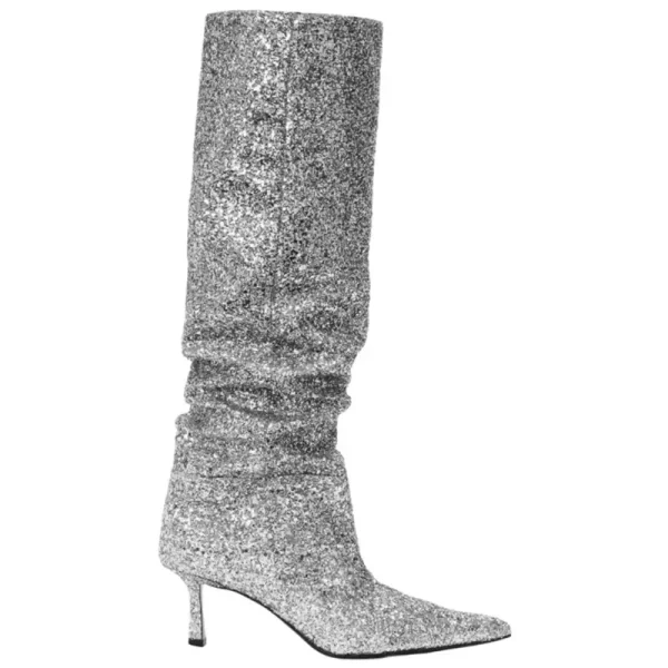 Denim Boots with Sequin Pleated Heels Stacked Long Boots, Thin Heels, Slim Fashion, Large Women's Boots - Image 6