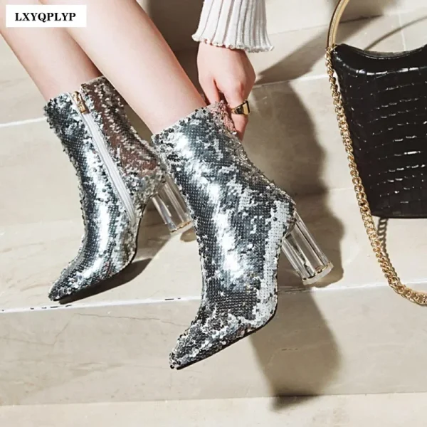 Women's Shoes Crystal High-heeled Pointed Boots Discoloration Sequins Thick Hee - Image 3