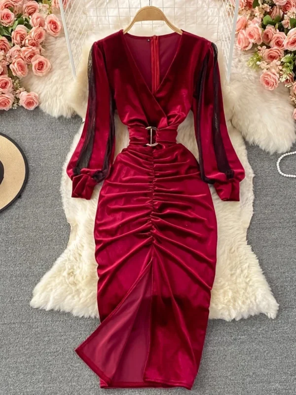 Winter Women Black/Red Velvet Bodycon Midi Dress Vintage V-Neck Mesh Patchwork Long Sleeve - Image 2