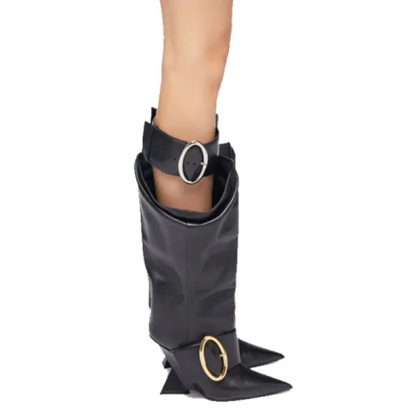 Women's Belt Buckle Knee Length Women's Boots Fashion Pointed Shaped High Heel - Image 8