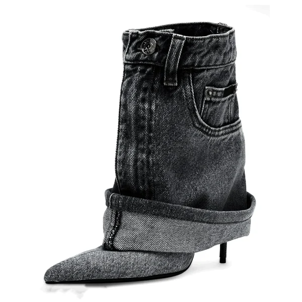 Winter Denim Fine High Heel Skirt Boots Fashion Pointed Large Women's Four Seasons Short Boots - Image 3