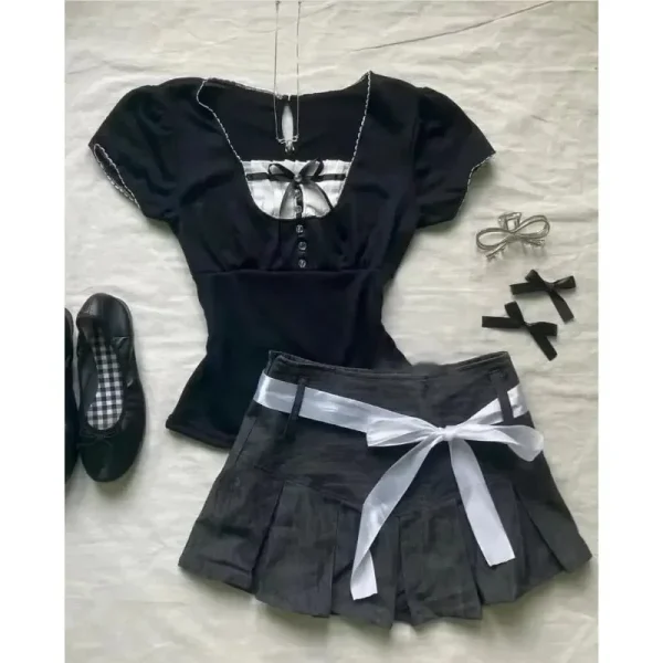 Sexy Slim Streetwear Bow Mini Skirts Emo Girl Gothic Women Clothes Vintage Femme - Image 2