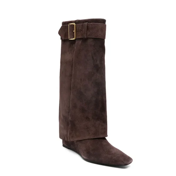 Women's Slope Heel Small Square Head Middle Boots Belt Buckle Sleeve Large Skirt Boots Calf Boots - Image 5