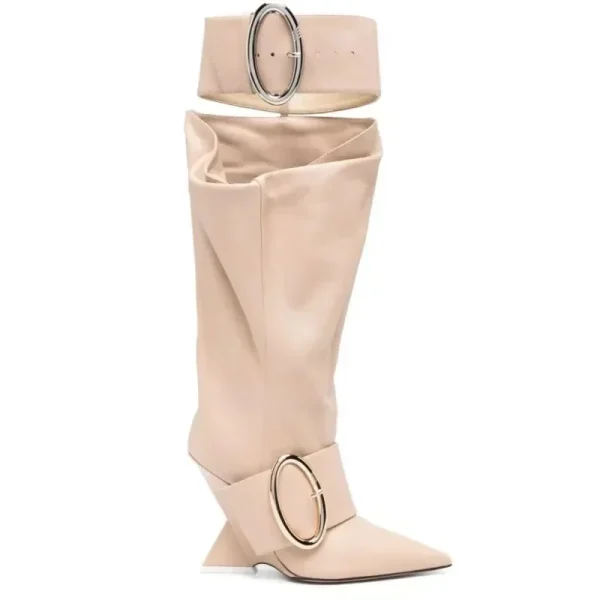 Women's Belt Buckle Knee Length Women's Boots Fashion Pointed Shaped High Heel - Image 4