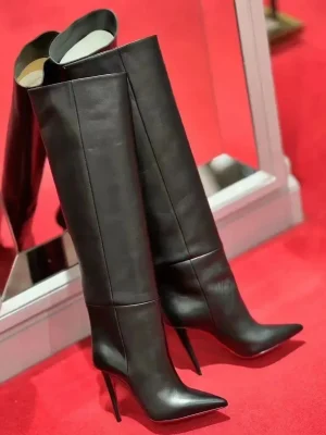 Women’s Slim High Heels, Pointed Rivets, Knee Length Boots, Fashionable Party Oversized Mid Size Boots