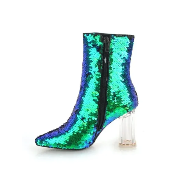 Women's Shoes Crystal High-heeled Pointed Boots Discoloration Sequins Thick Hee - Image 4