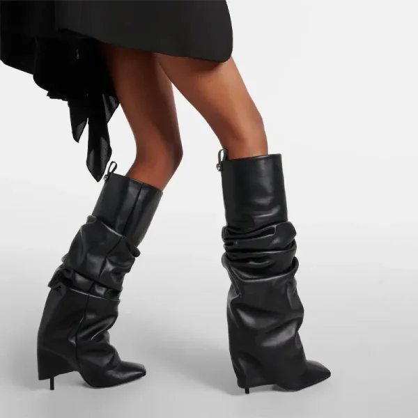 Women's Knee Length Pleated Skirt Boots, Square Toe Slim High Heels, Autumn and Winter Oversized Boots - Image 2