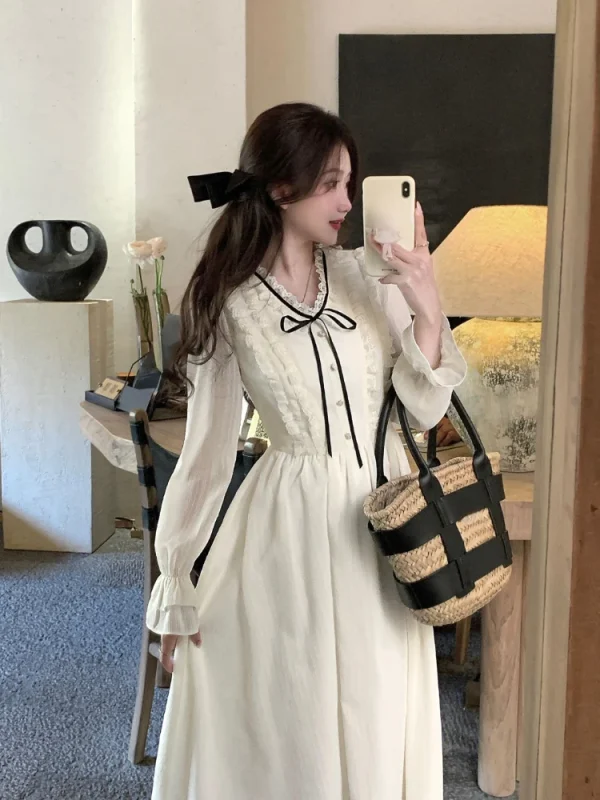 Summer Woman French Elegant Midi Dress Chiffon Long Sleeve