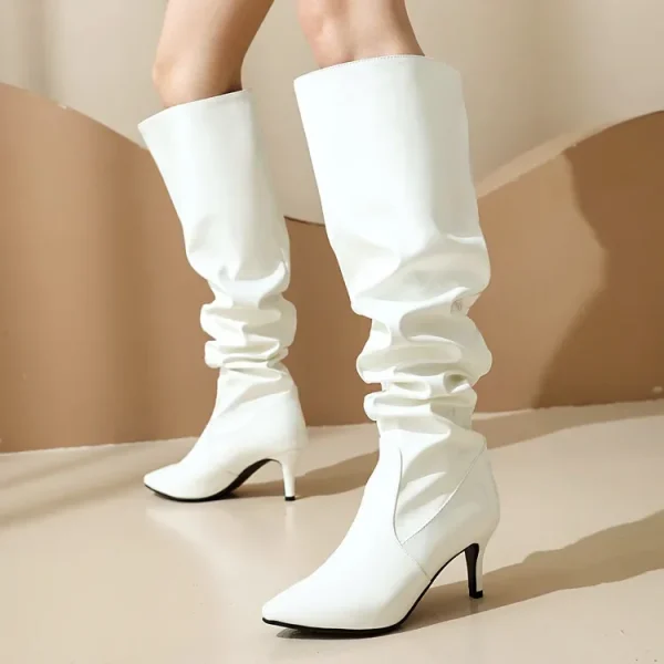 Winter Patent Leather Pleated Thigh Boots with Thin High Heels and Pointed Party Tip - Image 4