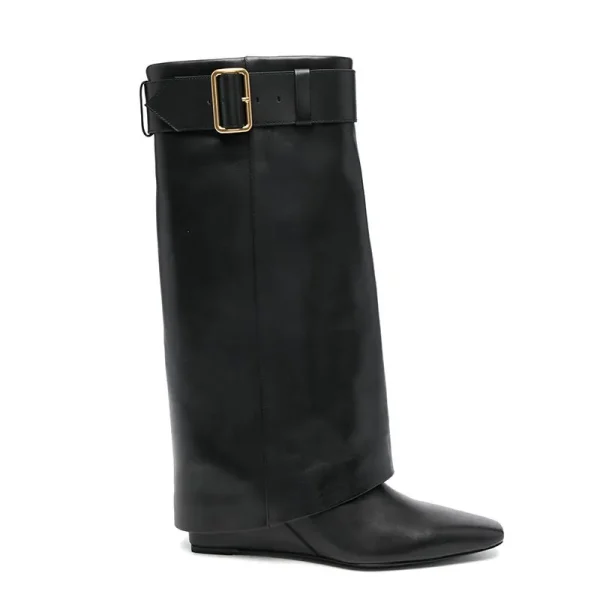 Women's Slope Heel Small Square Head Middle Boots Belt Buckle Sleeve Large Skirt Boots Calf Boots - Image 6