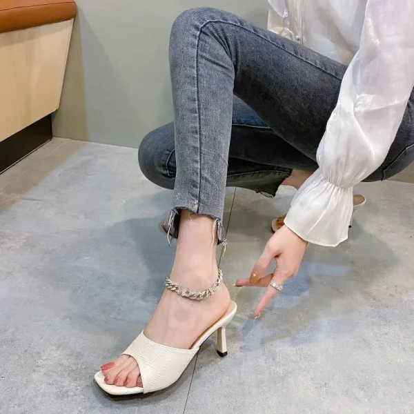 Women High Heels Slippers 2024 Summer New Fashion Square Toe