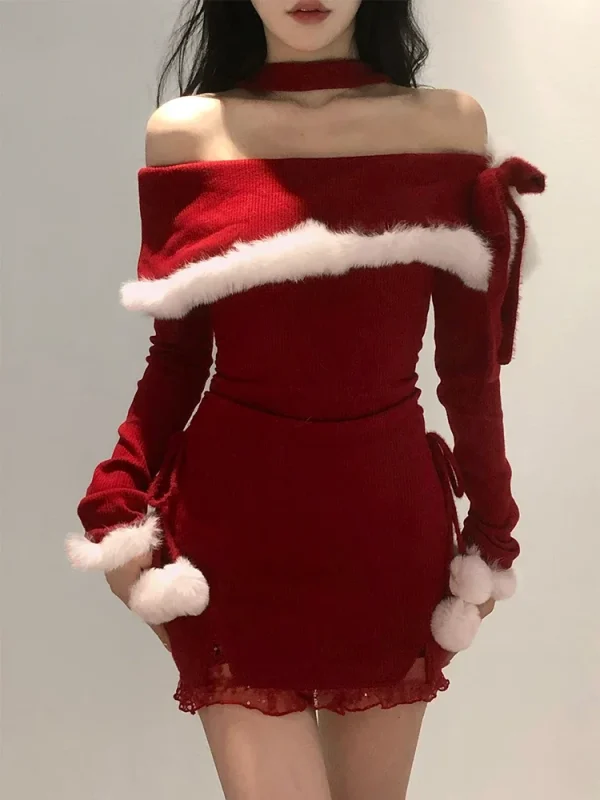 Winter Christmas Red Slim Knitted Mini Dress Even Party - Image 4