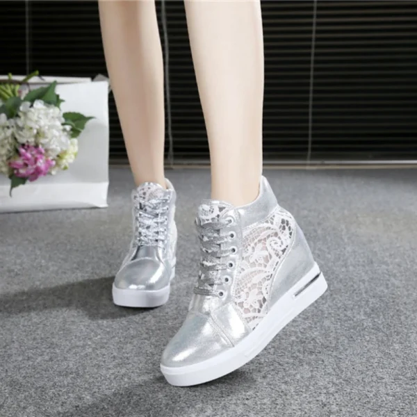 Women's Leather High-heeled Shoes Wedge Platform Sports Shoes Rubber Cloth Shoes Height Silver - Image 6