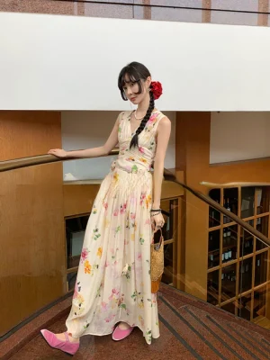 Woman Holiday Dress Elegant Floral Midi Dress Beach Style Sexy Sleeveless Dresses