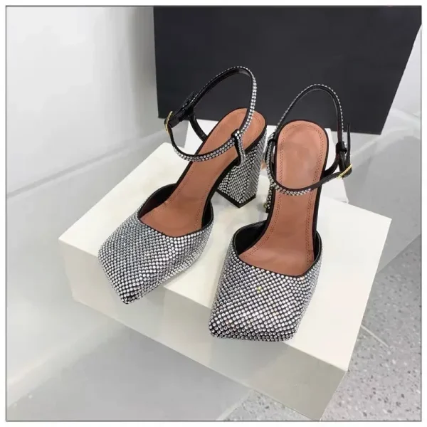 Women's Water Diamond Sandals Square Head Thick High Heels Banquet Party Fashion Women's Sexy Sandals - Image 2