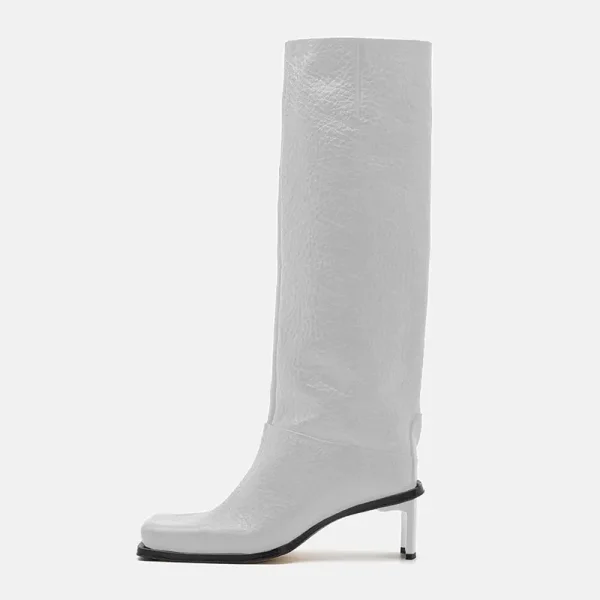 High Heels Women's Knee Length Boots with Side Zipper Stone Pattern Women's Mid Length Boots - Image 6