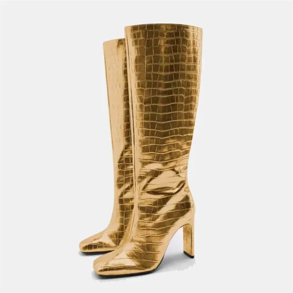 American New Autumn and Winter Gold Women's Boots Fashion Square Head Knee