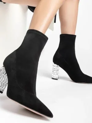 Woman Sock Ankle Boots 2024 Autumn Pointed Toe High Heel Elastic Flock