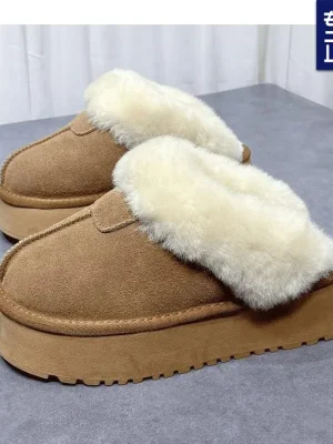 Women’s Thickened Fleece-lined Snow Boot Slippers Increased Heel High Top Fluffy Drags Rubber Outsole