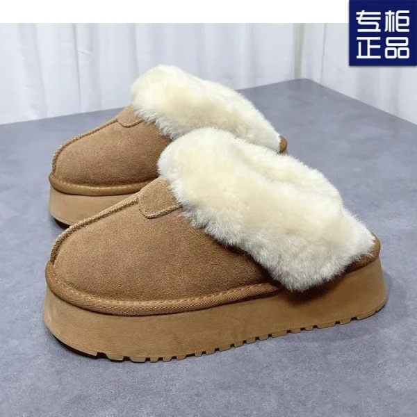 Women's Thickened Fleece-lined Snow Boot Slippers Increased Heel High Top Fluffy Drags Rubber Outsole