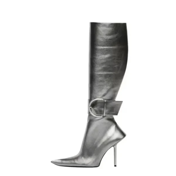 Pointed Toe Metal Buckle Boots Fashion Catwalk Autumn and Winter Knee Length Women's Boots - Image 4