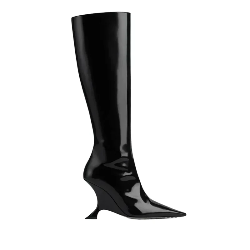Winter New Pointed Slope High Heel Knee Long Boots, Lacquer Leather Side Zipper Fashion - Image 2