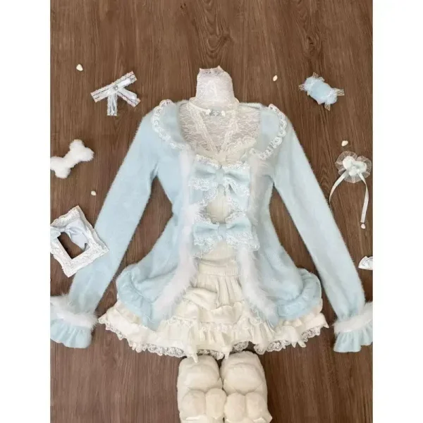 Sweet Lolita Three Piece Sets Lace Bow Plush Cardigan - Image 5