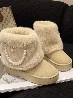 Winter Pearl Chain Decore Warm Snow Boots for Women Fluffy Plush